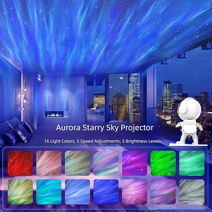 Astronaut Aurora Galaxy Projector, 360° Rotating Star & Moon Night Light with White Noise, Music Sync, Remote & Timer, LED Mood Lamp for Bedroom, Kids Room Decor, Gift for Boys Girls