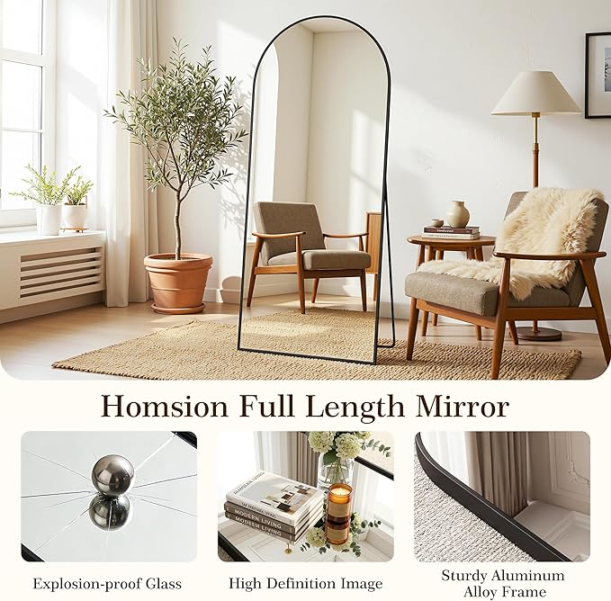 81"x41" Arched Full Length Mirror with Stand, Free Standing Leaning Wall Mounted Aluminum Alloy Frame Mirror for Bedroom Living Room Cloakroom, Black