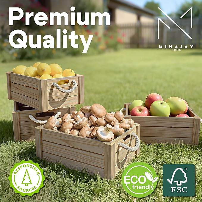 Set of 3 Rustic Nested Wooden Crates with Rope Handles - Decorative Farmhouse Storage Boxes for Kitchen, Living Room & Bathroom - Modern Wood Grain Home Organization