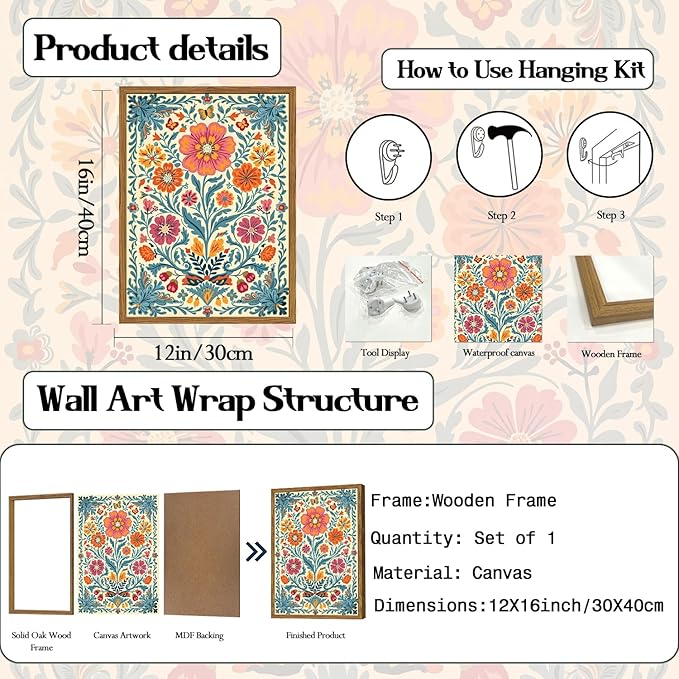 Framed Vintage Mexican Floral Canvas Wall Art, Colorful Folk Flower Wall Decor Pictures, Boho Botanical Painting Prints Rustic Home Decor for Living Room Bedroom 12x16 inch