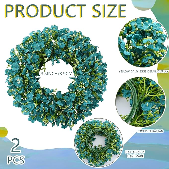 Daifunli 2 Pcs Baby's Breath Candle Rings Artificial Peacock Blue Floral Wreaths for Pillar 3.9 Inch Candles Holder for Spring Summer Home Office Wedding Rustic Table Centerpiece Decor