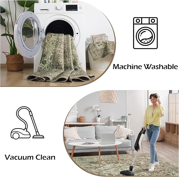 Goidea Washable Rug 8x10, Sage Green Area Rugs Non Slip, Indoor Low Pile Carpet with Rubber Backing for Living Room Kitchen Bathroom Entryway Office Bedroom