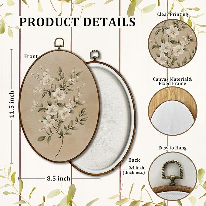 JQF Vintage Jasmine Floral Oval Wall Art, Rustic Cottagecore Botanical Floral Oval Canvas Wall Art, Retro Neutral Flower Framed Prints Hanging Decor for Home Bedroom Living Room, 8.5x11.5 Inch