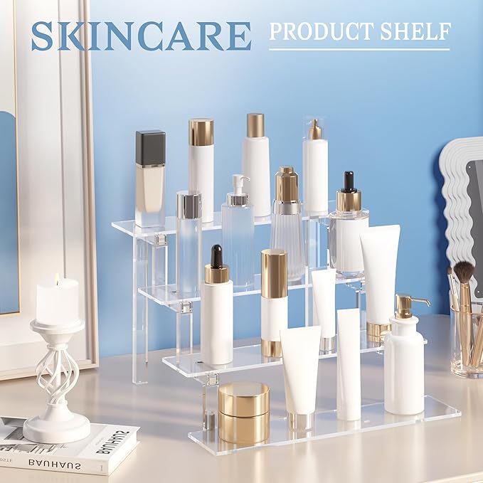 Acrylic Stand Riser Display, 12” Perfume Display Shelf, 4 Tier Display Stand for Makeup Perfume Cupcake Organizer, Clear Acrylic Shelf Cologne Organizer Stand for Wedding Party Decoration (2 Pack)