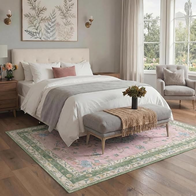GENIMO 5x7 Area Rugs for Living Room, Machine Washable Non Slip Vintage Rugs, Low Pile Lightweight Chenille Print Rug for Bedroom, Dining Room, Home Office, Light Green Pink