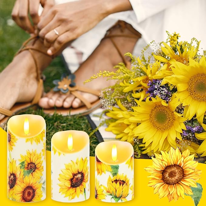 3 Pcs Sunflower Flameless Candles Battery Operated LED Candles Flickering Pillar Sunflower Floral Printed Faux Candle Housewarming Gift for Monther's Day Wedding Home Party