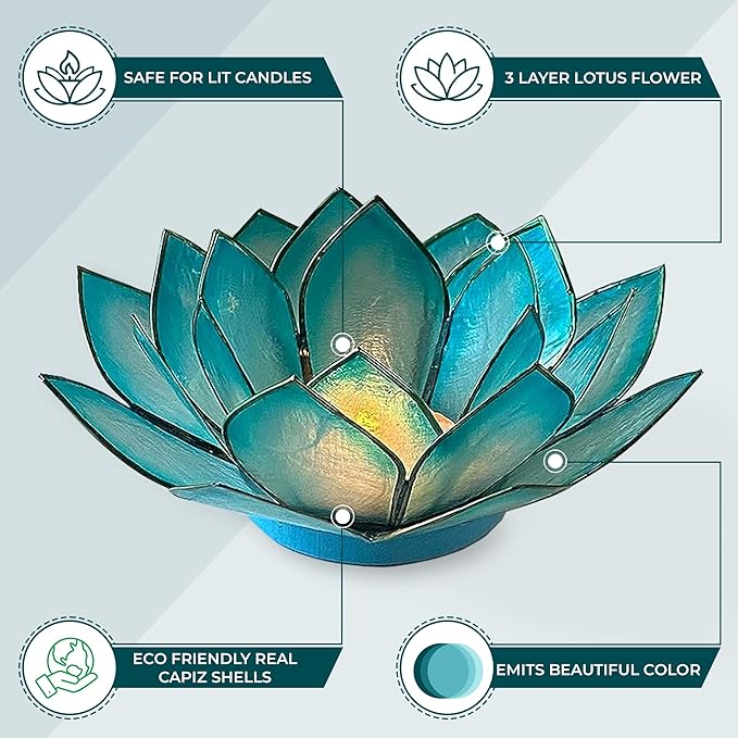 Om Gallery Capiz Shell Lotus Flower Decor Tealight Candle Holder for Serene Ambiance - Handmade Decorative Candle Holders for Meditation, Yoga, and Relaxation, Cool Water