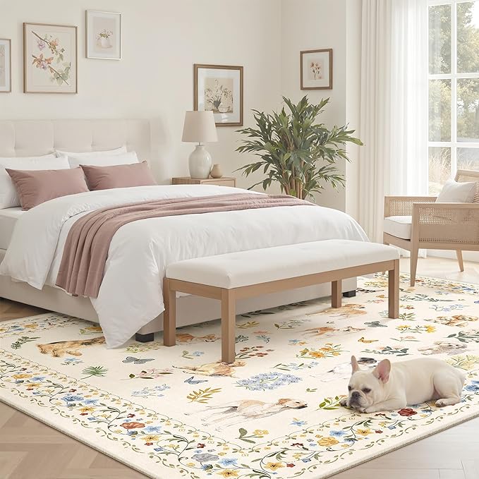 Soalmost Dog 5x7 Area Rugs for Living Room, Machine Washable Animal Floral Vintage Rug Non-Slip Low Pile Soft Throw Rugs for Kitchen Dining Room Bedroom Nursery Playroom (5 x 7,Beige)