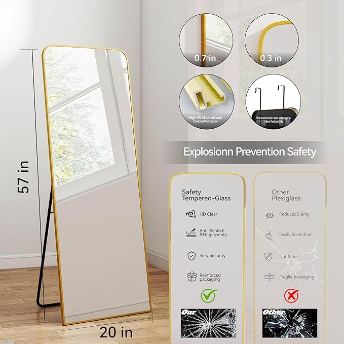 SCWF-GZ 57x20 Door Hanging Full Length Mirror, Floor (Height 5.7ft just Body in 1.3ft) or Wall Mounted Metal Frame Rectangle Dressing Mirrors for Bedroom Bathroom Living Room 57 inch Gold