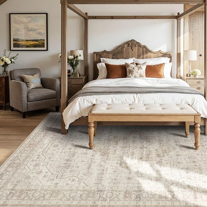 Rugxara 6x9 Washable Area Rug for Living Room, Vintage Neutral Large Boho Rugs for Office, Dining Room, Kids Room, Farmhouse, Durable Low Pile Non Slip Carpet for High Traffic Areas, Cream