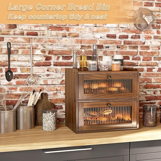 Alpeir Double Layer Large Bread Box for Kitchen Counter, Wooden Corner Bread Storage Container with Acrylic Window, Retro Brown