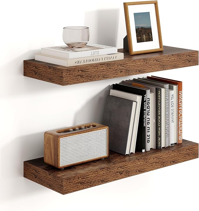 Heimlove 16 inch Brown Floating Shelves for Wall,6.7 inch Deep Small Bathroom Over Toilet Shelf,Wall Mounted Wood Shelves for Bedroom,Living Room,Kitchen,Office,Set of 2