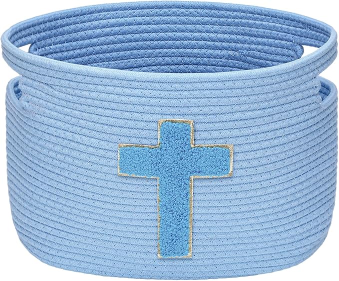 Sliner Baptisms Gifts Basket with Handles, Baptisms Cross Design Cotton Rope Basket Gifts Stuffers Storage for Christenings First Communions Religious Occasions, 15 x 10 x 9 Inch(Blue)