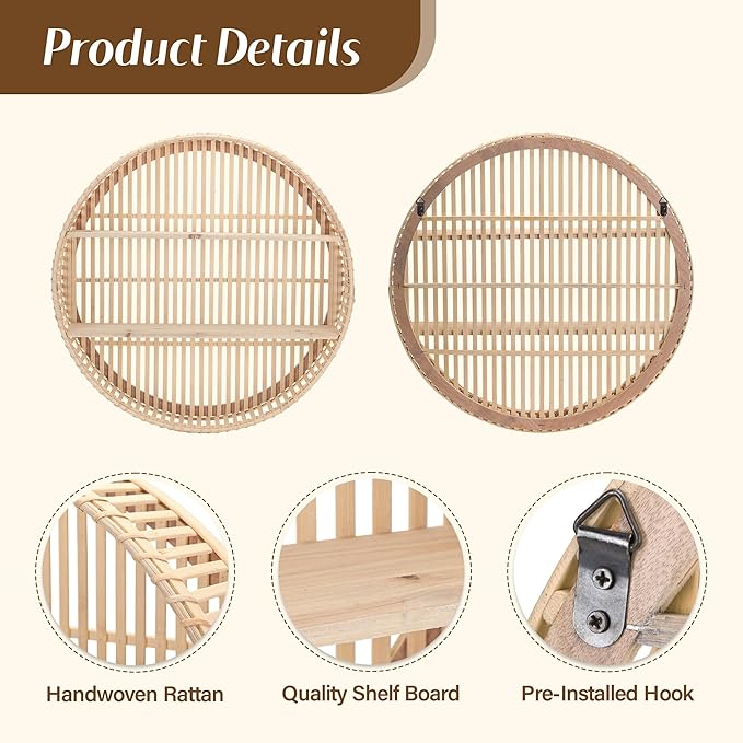 Rattan Wall Shelf 3 Tier Boho Wall Mounted Shelf Farmhouse Handcraft Round Floating Shelf Display Rack Storage Circular Hanging Shelf for Livingroom Home Decor