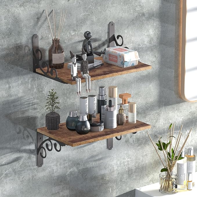 L Shelf Brackets for 12" - 14" Board, Floating Shelf Bracket Heavy Duty Metal Shelving Brackets for Shelves, Decorative Iron Rustic Wall Brackets for DIY Floating Shelf, 6 Pack Black
