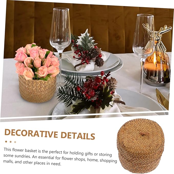 VALICLUD Wicker Lidded Basket Storage Box Lid for Home Handmade Basket Decorative Flower Bin