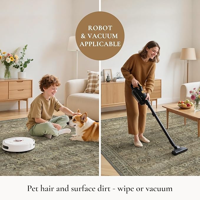 GENIMO 8x10 Area Rugs for Living Room, Machine Washable Non Slip Vintage Rugs, Low Pile Lightweight Chenille Print Rug for Bedroom, Dining Room, Home Office, Green Khaki