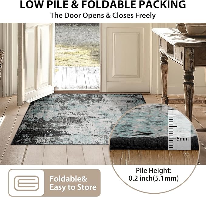 RELEANY Washable Area Rugs Square 8ft Non-Slip Modern Abstract Soft for Living Room Entryway Bedroom Nursery, Print Pattern, Blue Black Teal