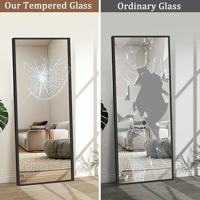 GlasFlength Full Length Mirror with Stand - 56" x 19" Aluminum Alloy Frame Full Body Mirror, Standing Hanging or Leaning Wall Floor Mirror for Bedroom Living Room Dressing Room, Black