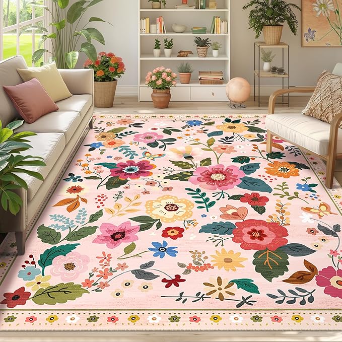 RELEANY Floral Nursery 7x9 Area Rugs Washable Print Boho Cute Carpet Non Slip Flower Low Pile for Living Room Kids Girls Playroom Bedroom Kitchen Office Farmhouse-Pink
