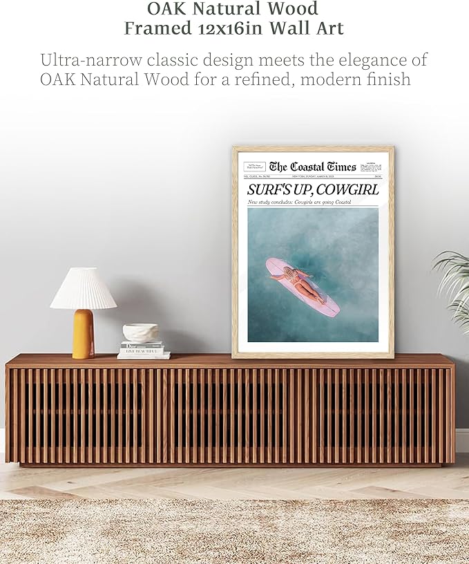 iHery Framed Coastal Trendy Cowgirl Wall Art Decor, Natural OAK Wood 12x16in Canvas Newspaper Retro Bedroom Wall Art,Surfer Up Vintage Bar Cart Home Decor For Dorm Living Room 1Pack