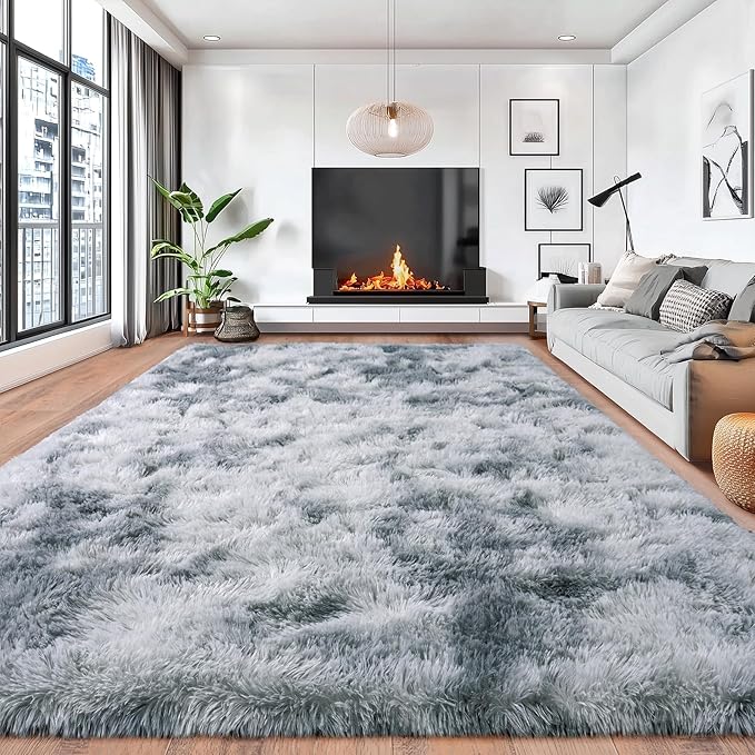 Ultra Soft Rugs for Living Room Bedroom, 5x7 Area Rugs for Living Room, Modern Shaggy Carpets Fuzzy Rug for Boys Girls Dorm Nursery Home Decor Aesthetic, Upgrade Non-Slip Durable, Tie-Dye Silver Grey