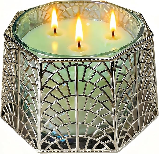 3 Wick Candle Holder, Shell Design Candle Jar Holder for 4-Inch Diameter Jars (5.25" D x 3.5" H), Rose Gold Metal, Coastal Decor