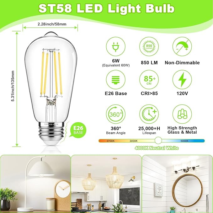 ASOMST 4-Pack Vintage Edison Bulbs 60W Equivalent, 850LM 6W LED Light Bulb Neutral White 4000K, ST58 Filament Lighting E26 Base, Non-Dimmable