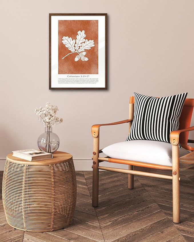 EcoHest Vintage Christian Fall Framed Wall Art, 12x16 in Walnut Color OAK Wood Burnt Orange Bible Verse Canvas Wall Art, Botanical Scripture Colossians Faith Home Decor, 1Pack for Bedroom Living Room