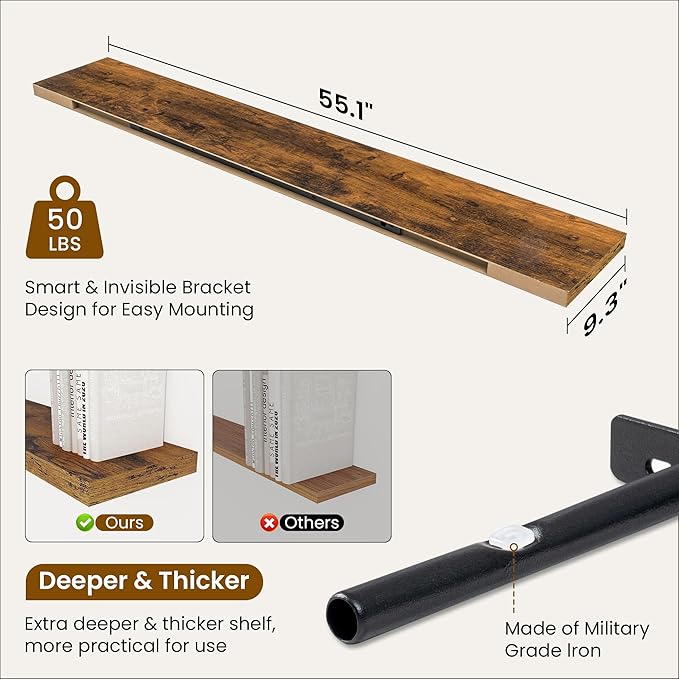 Fun Memories 55 Inch Fireplace Mantel Shelf, 9.3" Deep Floating Shelves for Wall, Long Wall Mounted Farmhouse Display Shelves with Invisible Heavy Duty Metal Bracket, Brown, 2 Pack