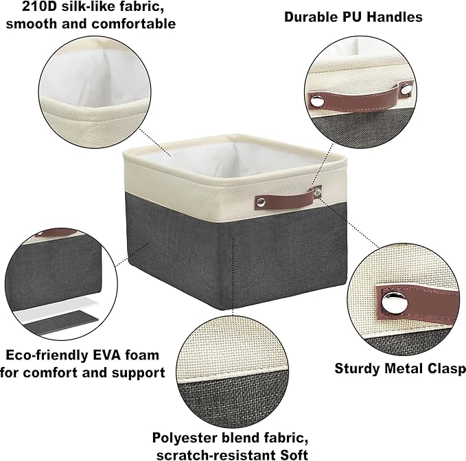 Simple Houseware Large Fabric Storage Bin, 15" x 11" with Leather Like Handles, 3 Pack, Dark Gray
