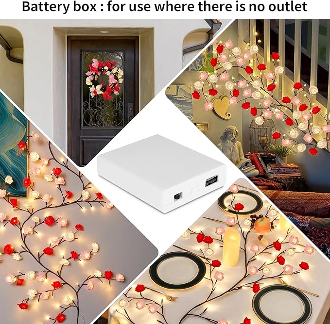 FNHMSL Rose Blossom Enchanted Willow Vine Lights, 7.55FT 144LED 3 Color Rose Blossom Tree Branch Lights for Wall, Remote Timer,8 Light Model,Bedroom Wall Doors Wedding, Christmas, USB Battery Box