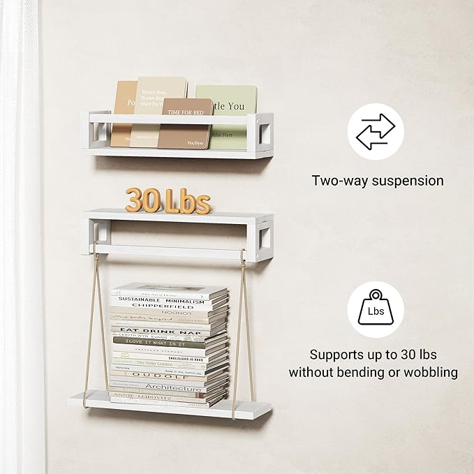 TidyCorner Upgraded Thick Floating Shelves, Solid Wood Bookshelf for Wall, Floating Book Shelves Use as Wall Shelves for Bedroom, Kids Room, Nursery, Books, Spice Rack & Decor - White