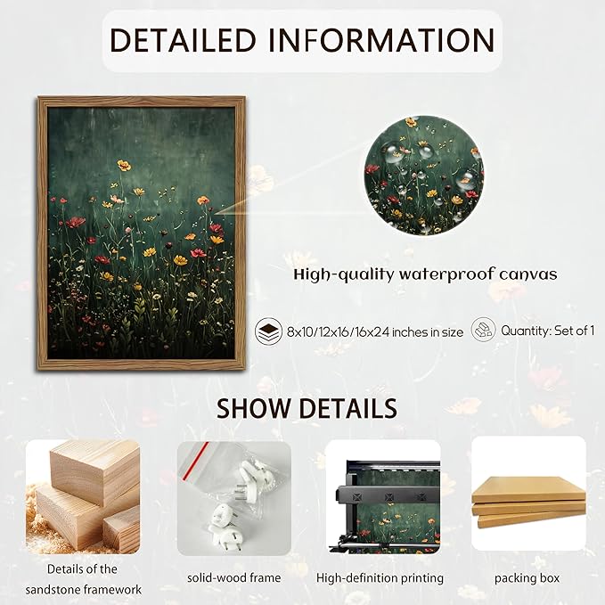 Wildflower Field Framed Wall Art, Vintage Botanical Flower Wall Decor, Modern Farmhouse Floral Canvas Art, Green Field Landscape Pictures Artwork for Living Room Bedroom – 8x10 inch