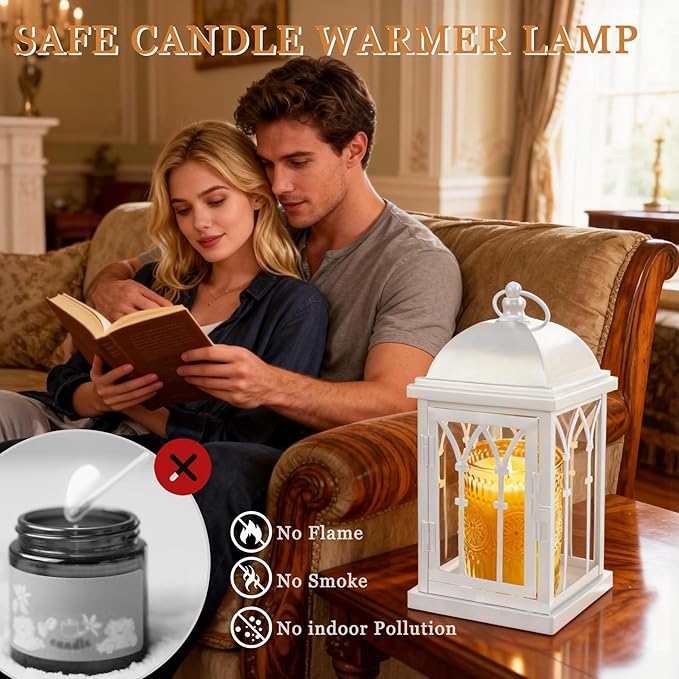Candle Warmer Lamp with Timer,Dimmable Large Electric Lantern Candle Warmer for Jar Candles,Vintage Enclosed Candle Lamp Warmer for Children Pet Family-White