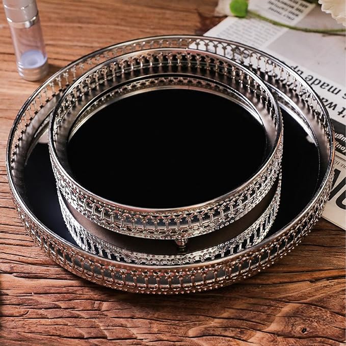 Mirror Tray, Makeup Decorative Storage Mirror Tray, Gold Or Silver Glass Mirror Crystal Vanity Tray, Antique Mirror Serving Tray Round Ornate Jewelry Trinket Organizer Tray for Home Decor(#7)
