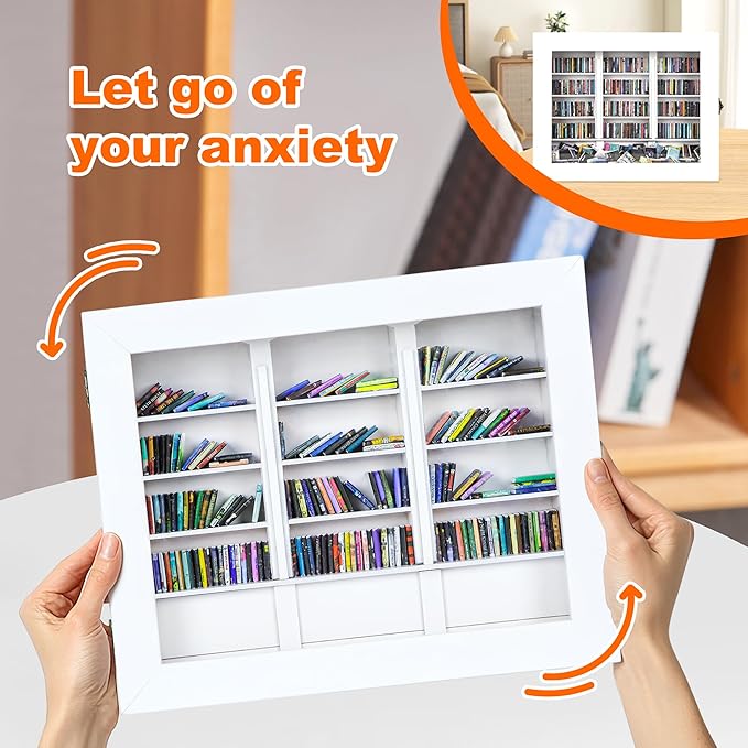Anxiety Mini Bookshelf Mini Books with 300PCS Mini Bookshelf Shake Away Your Anxiety Wooden Miniature Book Library for Stress Relief, Home and Office Decor, Unique Gift for Book Lovers - White