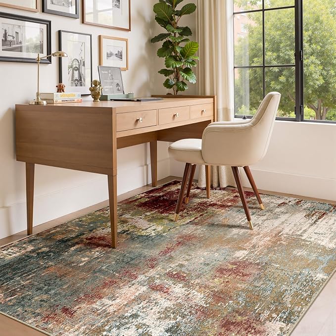 RELEANY Washable Area Rugs 4'x6' Non-Slip Modern Abstract Soft for Living Room Entryway Bedroom Nursery, Print Pattern, Brown Rust Red Green Blue Multi