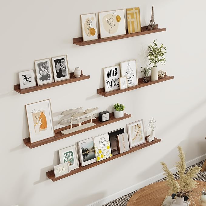 Fun Memories Picture Ledge Shelf, Floating Shelves Set of 4, 24 Inch Picture Shelves for Wall with Ledge, Large Nursery Book Shelf for Toys Storage, Living Room, Bedroom Decor Frames, Walnut