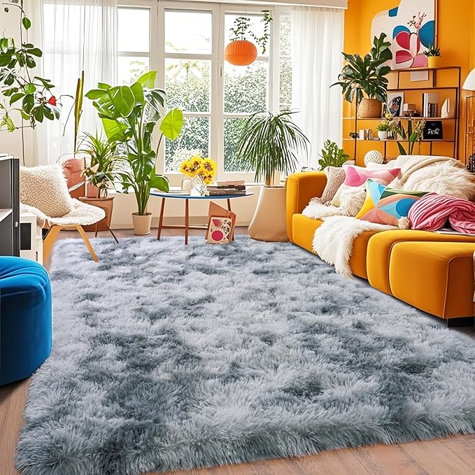 Ultra Soft Rugs for Living Room Bedroom, 5x7 Area Rugs for Living Room, Modern Shaggy Carpets Fuzzy Rug for Boys Girls Dorm Nursery Home Decor Aesthetic, Upgrade Non-Slip Durable, Tie-Dye Silver Grey