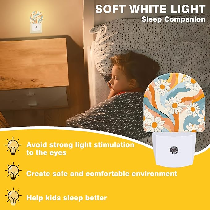 Night Light, Retro Groovy Flower Night Lights Plug into Wall Dusk to Dawn Sensor Round Nightlight for Women Men Energy Efficient Led Lamp 0.5W for Stairway Hallway Bedroom