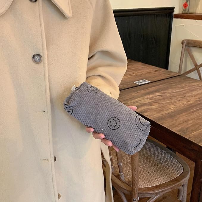 Pencil Case Lightweight Aesthetic Pen Case Office College School Storage Bag Pouch Holder Box Organizer Makeup Pouch Cosmetic Bag for Girls Boys Kids (Smile-Gray)