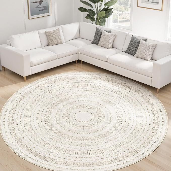 cotiled 8x8 Round Area Rug Living Room: Washable Boho Rugs with Non Slip Backing Large Soft Indoor Stain Resistant Carpet for Bedroom Farmhouse Dining Room Lightweight Home Decor Brown/Cream