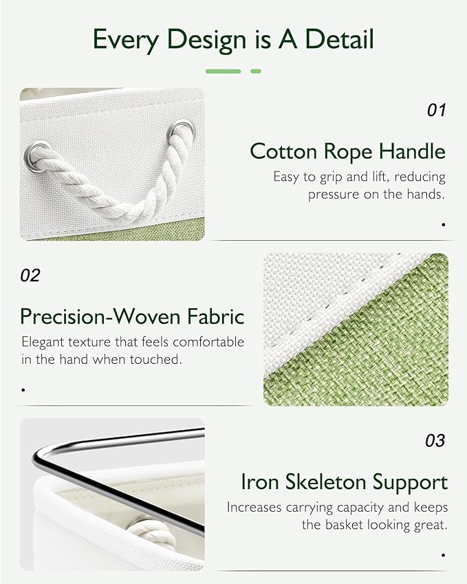 Patvingot 11 Inch Cube Storage Bins, 4 Pack Fabric Storage Cubes with Rope Handles, Organizer Baskets for Closet Shelves, Clothes and Home Organization(White/Green)