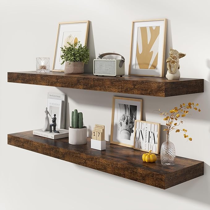 FLYJOE 48 Inch Floating Shelves | 12 Inch Deep Floating Shelves Set of 2 | 48" W x 12" D Rustic Brown Wood Wall Shelves for Bathroom Living Room Kitchen Laundry Room