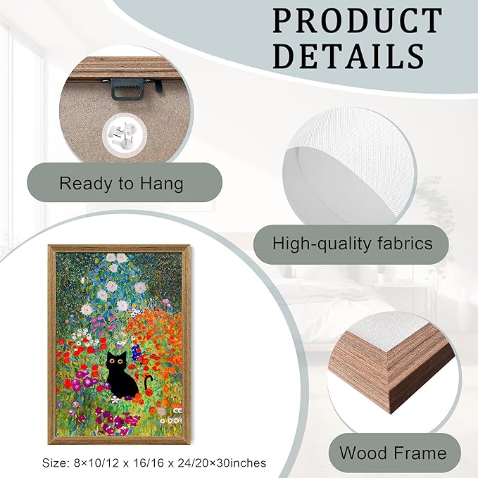 Fantasy Artists Gustav Klimt Canvas Wall Art, Framed Aesthetic Cat Floral Wall Decor, Garden Flower Black Cat Poster Paintings for Living Room Bedroom Bathroon, Dorm Home Decorations, 20" X 30"