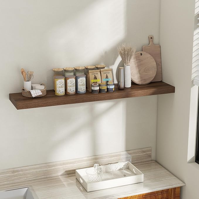 Fun Memories 55 Inch Fireplace Mantel Shelf, 12 Inch Deep Shelves for Display & Wall Storage, Rustic Wood Wall Shelf, Extra Long Floating Shelves for Bathroom Bedroom Living Room, Walnut, 1 Pack