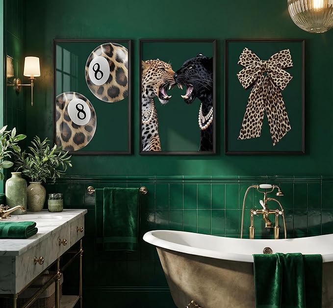 3pcs Trendy Leopard Canvas Wall Art Funky Lucky 8 Ball Posters Prints Paintings Cheetah Bows Preppy Aesthetic Pictures Wall Decor for Bedroom Dorm Living Bathroom Decoration Unframed