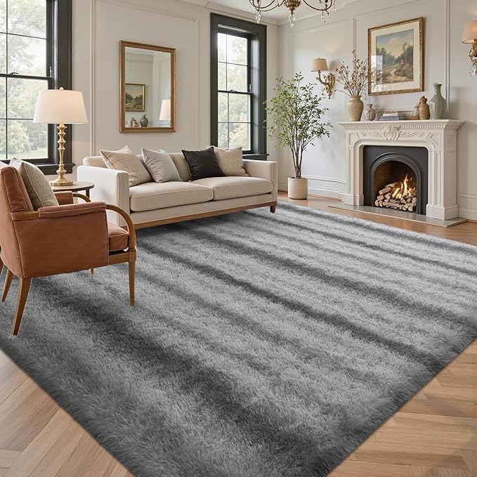 Area Rugs for Living Room 8x10 Feet, Soft Fluffy Shagg Plush Bedroom Rug Non-Slip,Large Carpet for Nursery Kids Dorm Home Decor Grey White Stripe