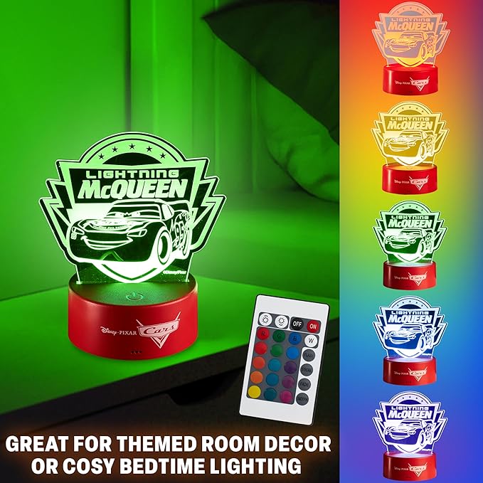 Get Trend Disney Cars Lightning McQueen 3D Illusion Night Light for Kids, 16 Colors, 4 Lighting Modes, Dimmable, Dual Powered LED Desk Lamp, Bedroom Decor, Gifts for Boys (Multi Cars)